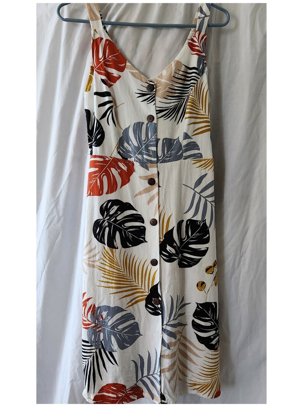 Monteau Linen Blend 90s Tropical Print  Sundress Coconut Shell Buttons Sz S